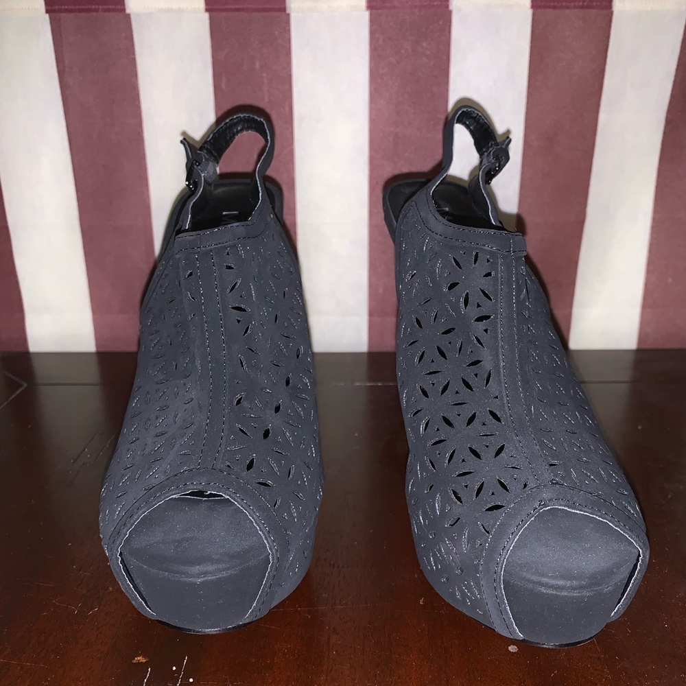 Black eyelet heeled booties